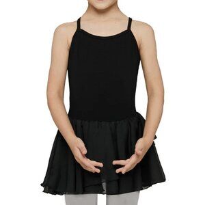 Girls Spaghetti Strap Ballet Leotard with Layered Tulle Skirt, Black, M